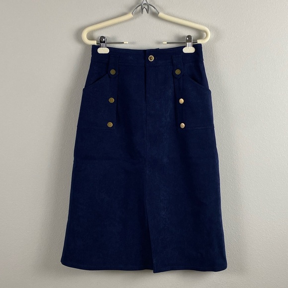 Vee Dresses & Skirts - Vee Corduroy Midi Skirt | Lined, Front Slit, 2 Pockets | Navy/Gold